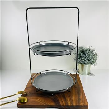 Square 下午茶架(大)搭配北歐風啞光陶瓷西餐盤/蛋糕架/點心架/下午茶架/黑銀色 | 展示圖