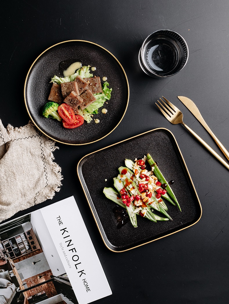 北歐風 黑色磨砂餐盤 居家餐廚擺設 質感裝飾 餐盤 盤子  10、7.5吋弧邊盤(金邊) | 第五張展示圖