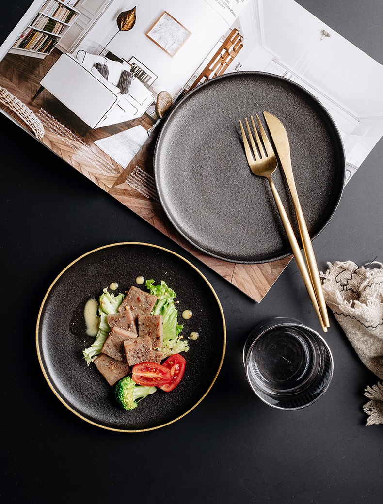 北歐風 黑色磨砂餐盤 居家餐廚擺設 質感裝飾 餐盤 盤子  10、7.5吋弧邊盤(金邊) | 第六張展示圖