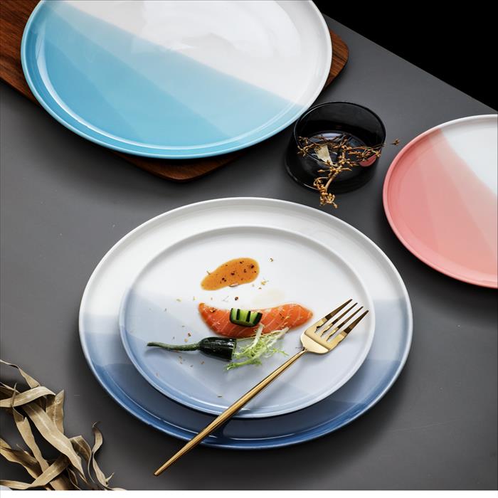 北歐風 漸變造型陶瓷餐盤 漸層盤 三色 可訂製專屬禮盒 柚木紋刀叉盒 可印製logo圖樣 釉上彩 | 展示圖