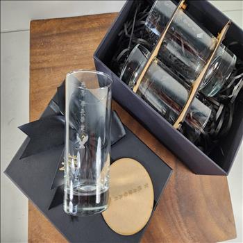 玻璃杯雕刻   果汁杯 水杯 可林杯  雙入禮盒 可來圖訂製 可刻名字附禮盒紙袋 木質賀卡 | 展示圖