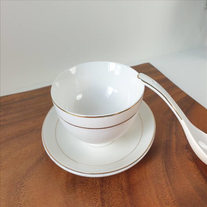 簡約金邊陶瓷飯碗三件套  4.5吋飯碗、6吋小盤、附小湯勺 | 展示圖
