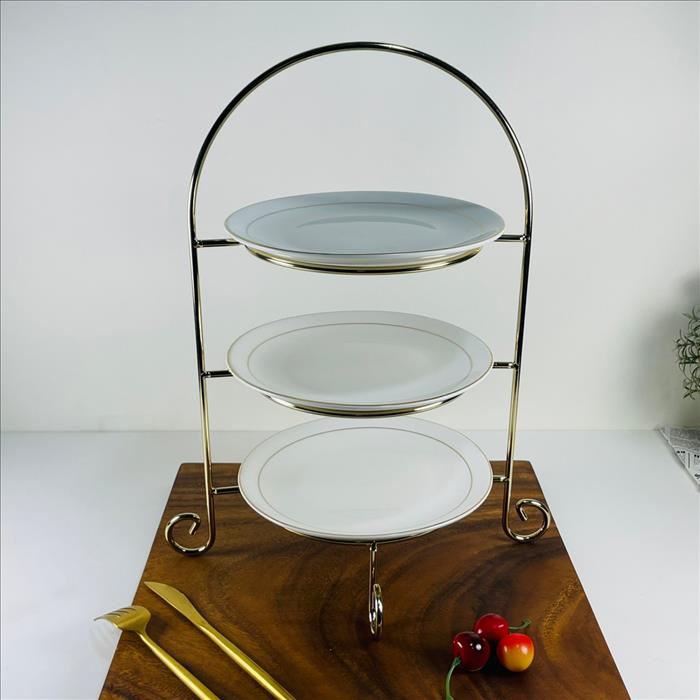 經典三層圓型點心盤架/蛋糕架/點心架/下午茶架/亮金色 餐盤可額外訂製圖案 | 展示圖